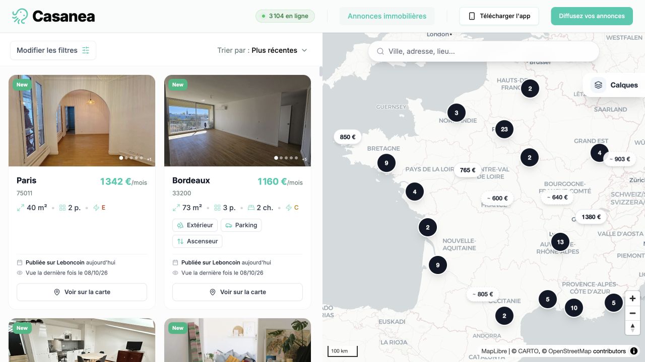 Interface Casanea présentant des annonces immobilières et une carte de recherche.